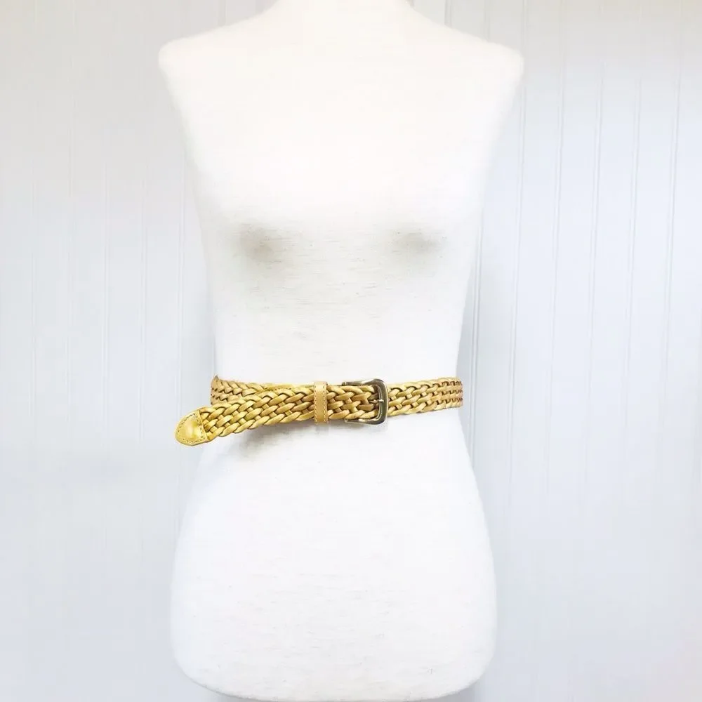 VINTAGE 90s Gold Metallic Woven Leather Belt Braided‎ Y2K Retro Medium Large